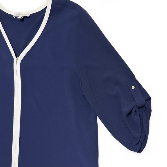 Chaus New York Navy Blue Zip Front Blouse Size L 3/4 Sleeve Roll Tab Career Top - Picture 6 of 9